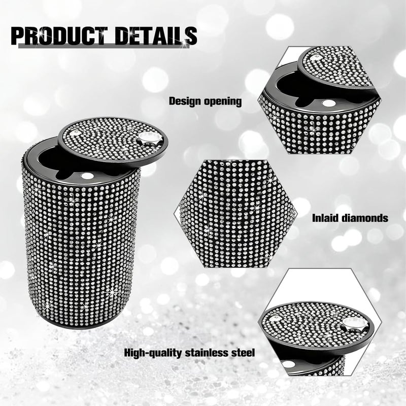 FALVFUN Bling Car Ashtray, Rhinestones Smokeless Smell Proof Vehicle Cup Holder Ash Tray with Lid, Sparkling Diamond Portable Automotive Interior Ashtray, Universal for SUV RV Truck (White) - Image 2